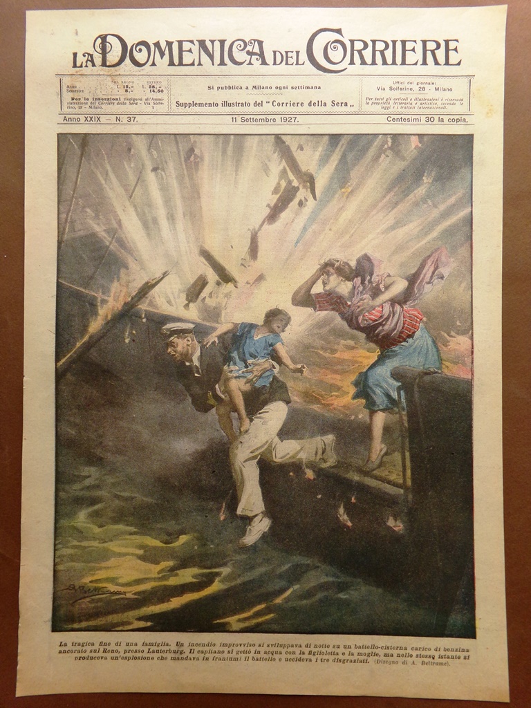 Copertina Domenica Corriere nr. 37 del 1927 incendio Battello Reno …