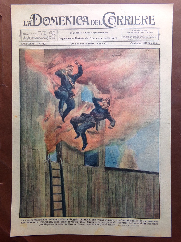 Copertina Domenica Corriere nr. 39 del 1929 Incidente Pompieri Reggio …