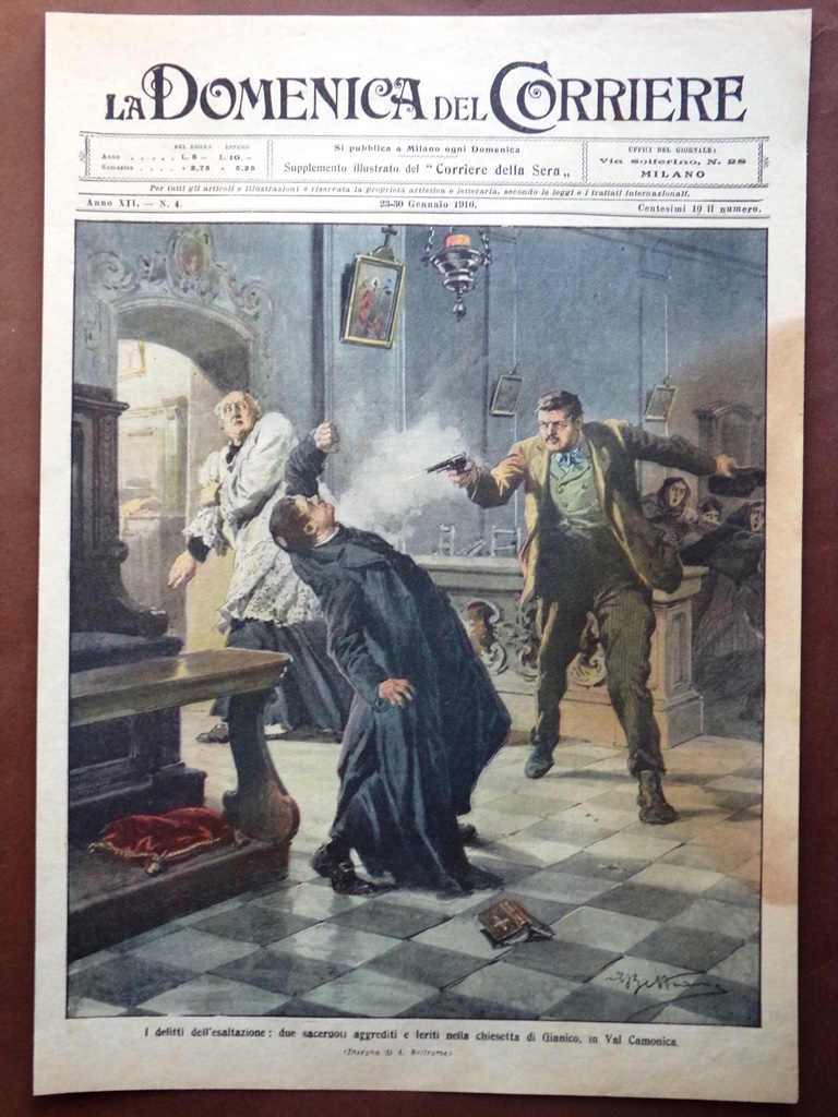 Copertina Domenica Corriere nr. 4 del 1910 Sacerdoti Aggrediti Gianico …