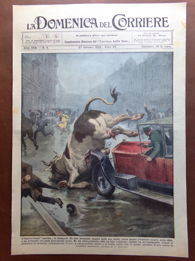 Copertina Domenica Corriere nr. 4 del 1929 Toro Infuriato Strade …