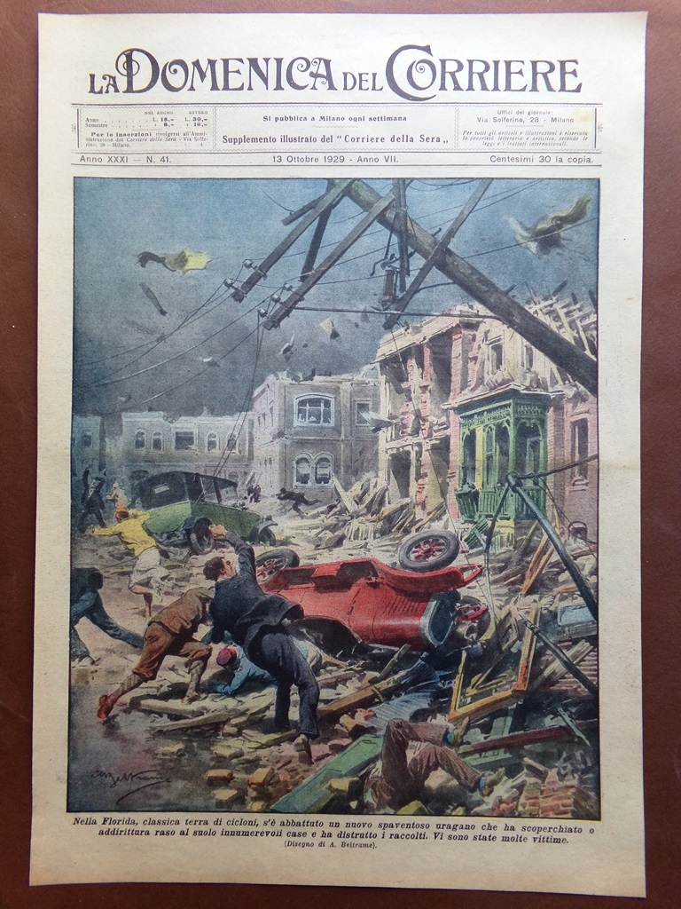 Copertina Domenica Corriere nr. 41 del 1929 Ciclone in Florida …