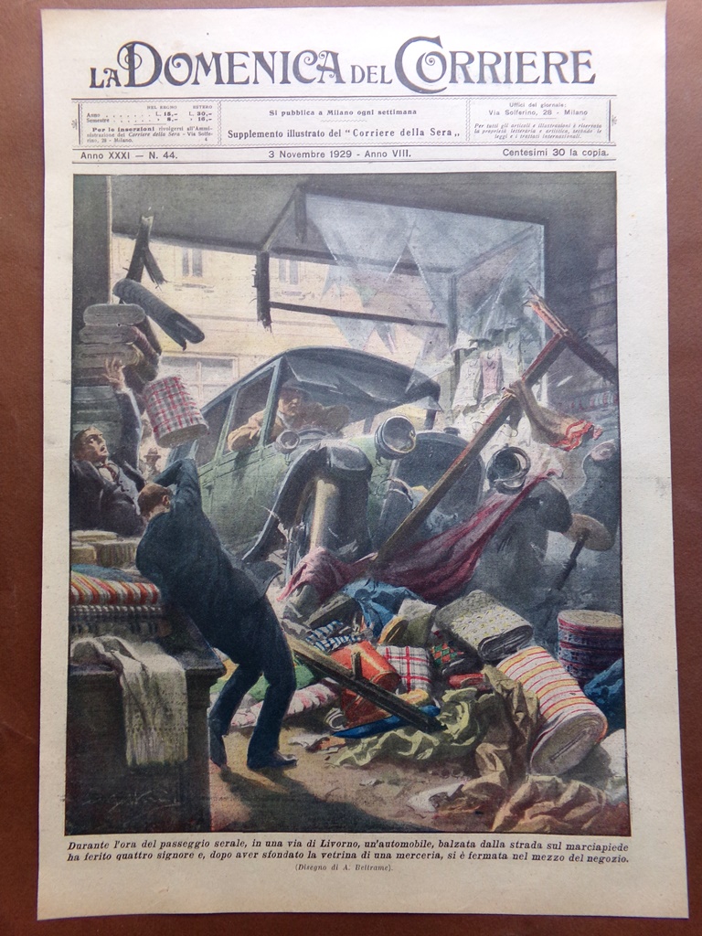 Copertina Domenica Corriere nr. 44 del 1929 Incidente su Strada …