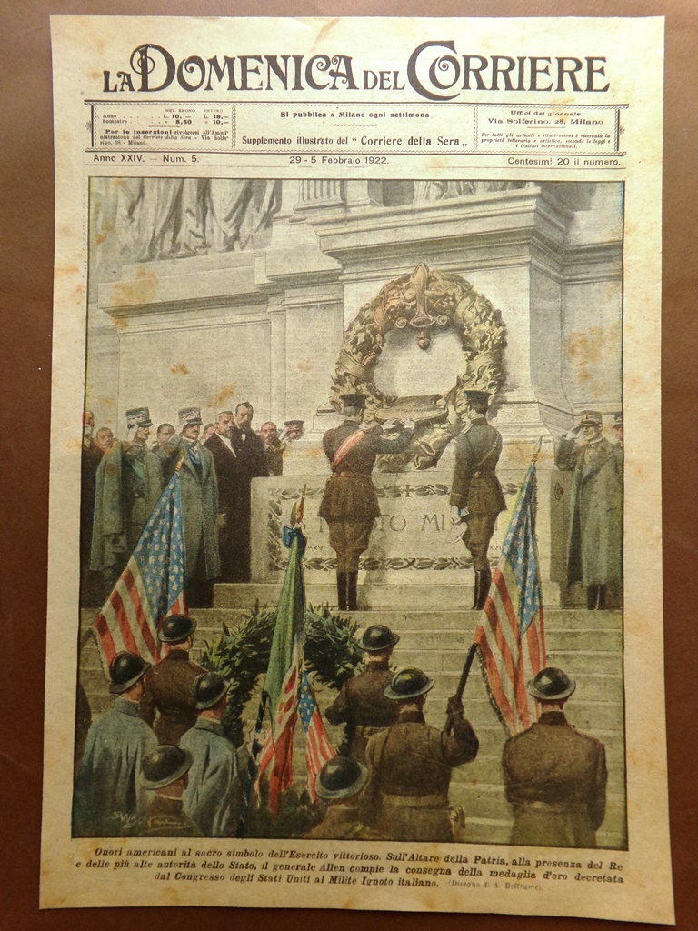 Copertina Domenica Corriere nr. 5 del 1922 Onori Americani Milite …