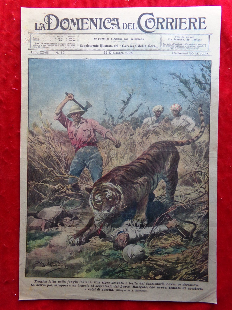 Copertina Domenica Corriere nr. 52 del 1926 Giungla Indiana Lews …