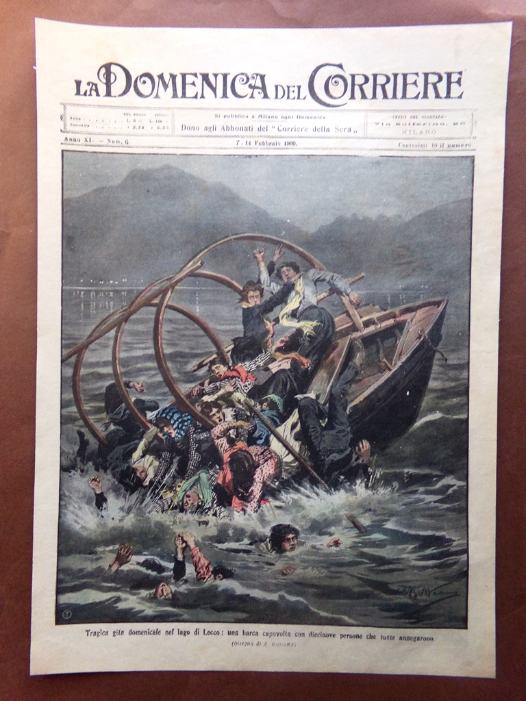 Copertina Domenica Corriere nr.6 del 1909 Tragica Gita al Lago …