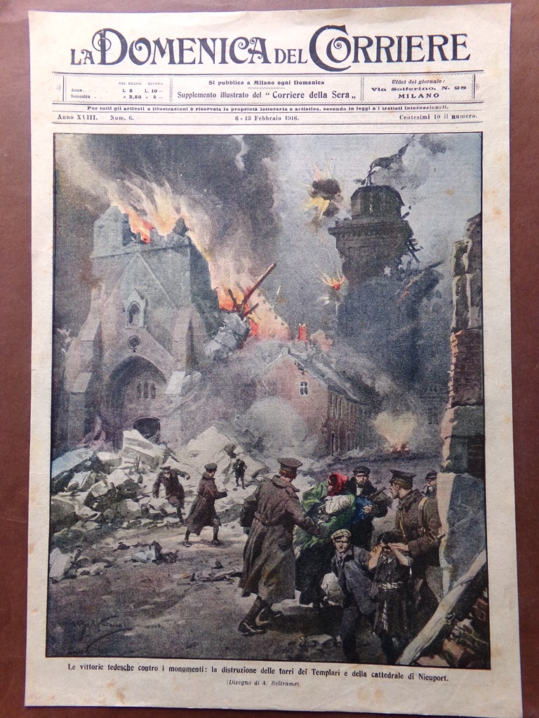 Copertina Domenica Corriere nr. 6 del 1916 WW1 Distruzione Torri …