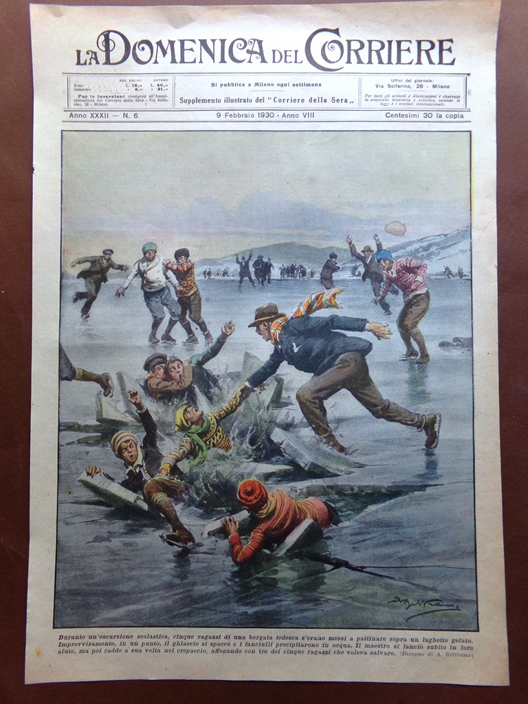 Copertina Domenica Corriere nr. 6 del 1930 Lago Gelato Rottura …