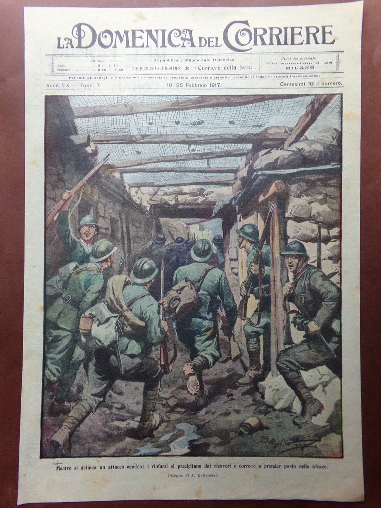 Copertina Domenica Corriere nr. 7 del 1917 WW1 Trincea Attacco …