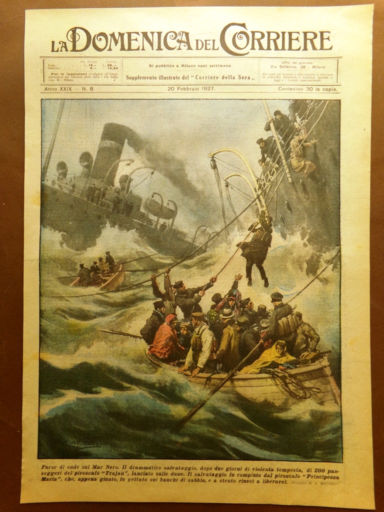 Copertina Domenica Corriere nr. 8 del 1927 Salvataggio Piroscafo Trajan …