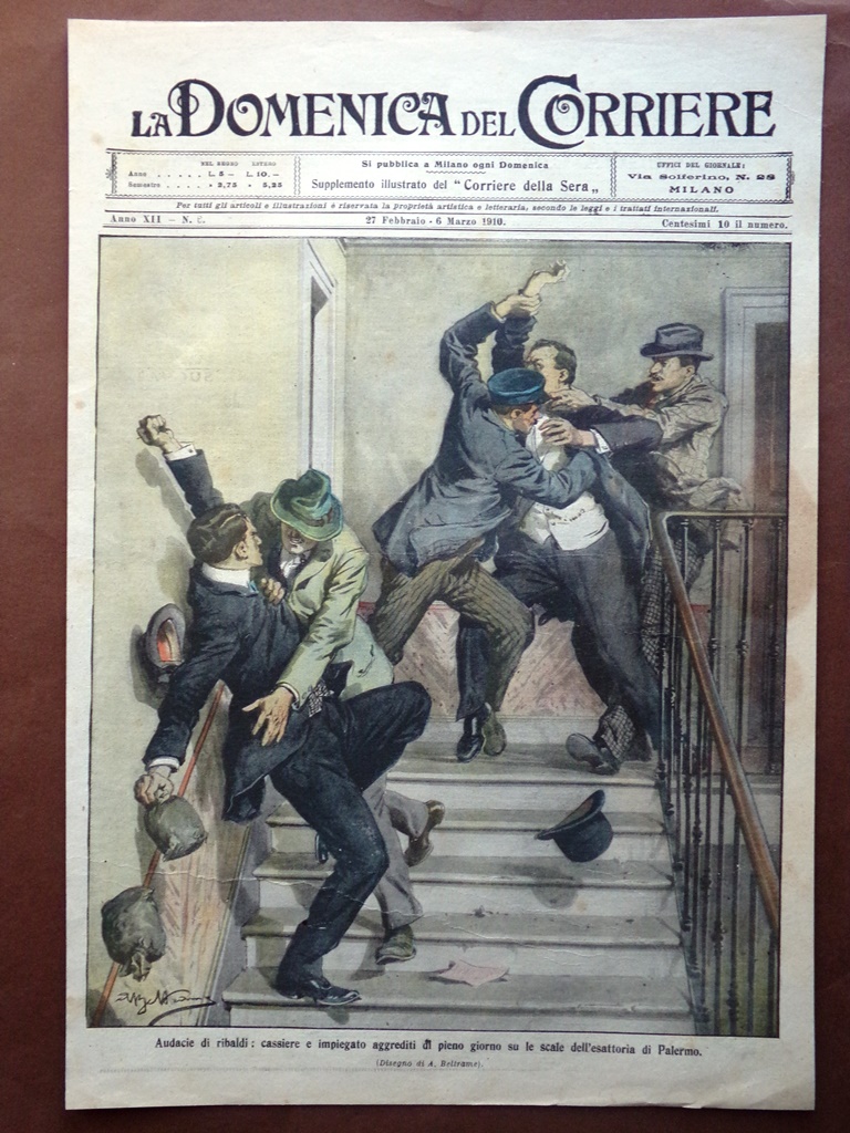 Copertina Domenica Corriere nr. 9 del 1910 Esattoria Palermo Aggressione …