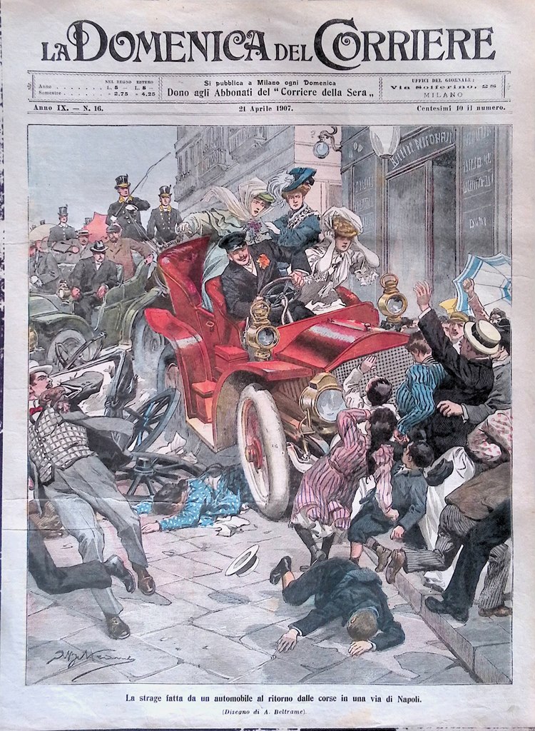 Copertina Domenica del Corriere nr. 16 del 1907 Strage Automobile …