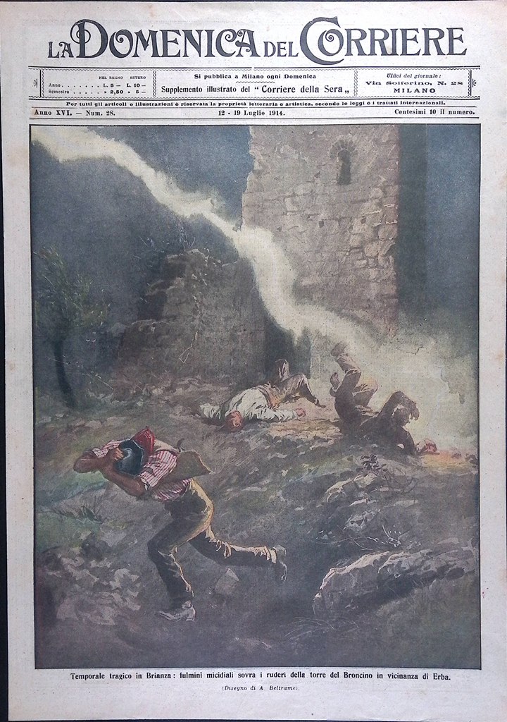 Copertina Domenica del Corriere nr. 28 del 1914 Temporale Brianza …