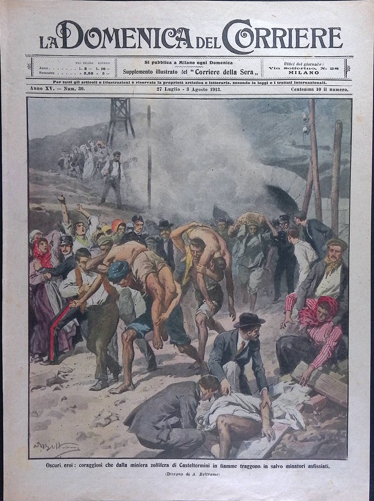 Copertina Domenica del Corriere nr. 30 del 1913 Miniera Casteltermini …