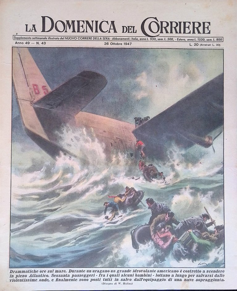 Copertina Domenica del Corriere nr. 43 del 1947 Uragano Idrovolante …