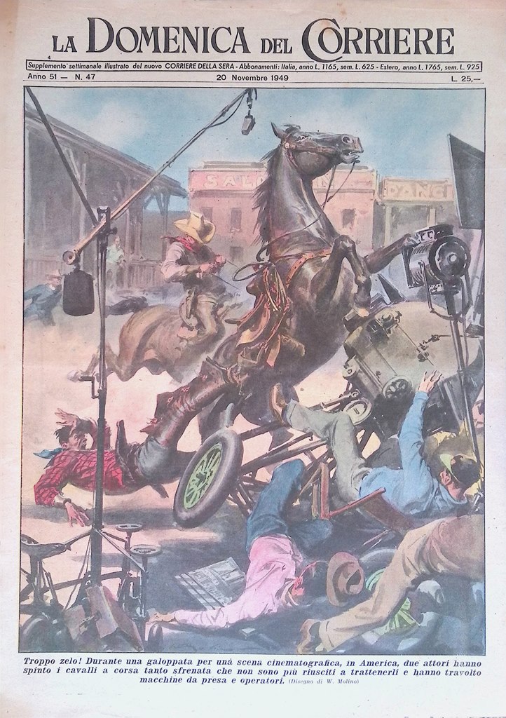 Copertina Domenica del Corriere nr. 47 del 1949 Cavalli Imbizzarriti …