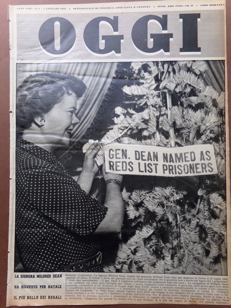 Copertina Oggi nr. 1 del 1952 Milfred Dean Generale William …