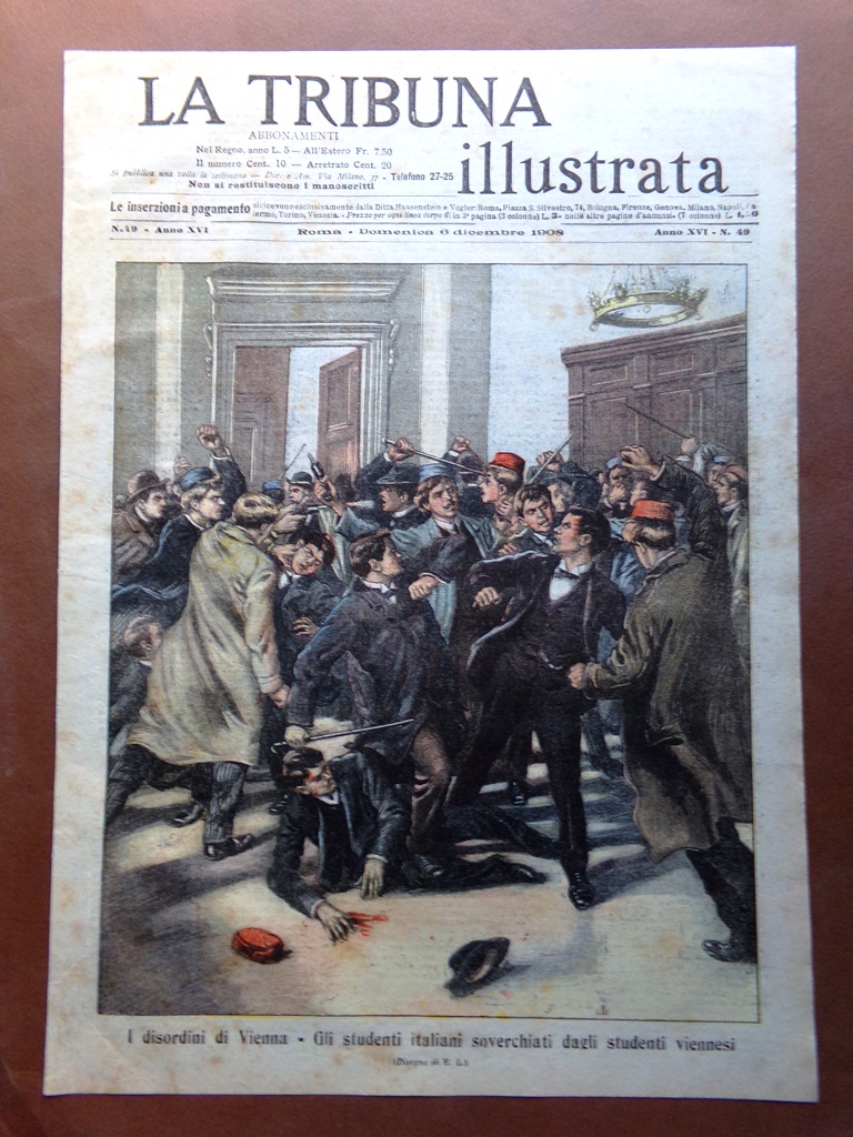 Copertina Tribuna Illustrata nr. 49 del 1908 Disordini Vienna Studenti …