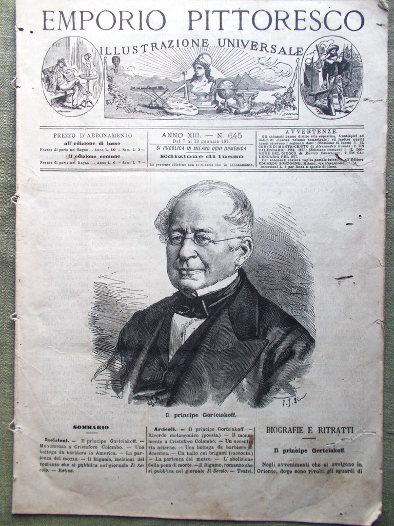 Emporio Pittoresco del 7 Gennaio 1877 Gorcakov Pena Morte Colombo …