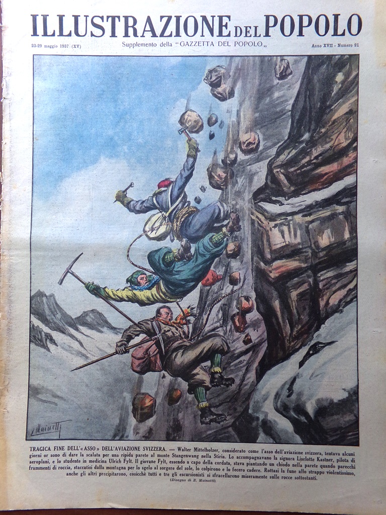 Illustrazione del Popolo 23 Maggio 1937 Mittelholzer Bologna Campione Dirigibili