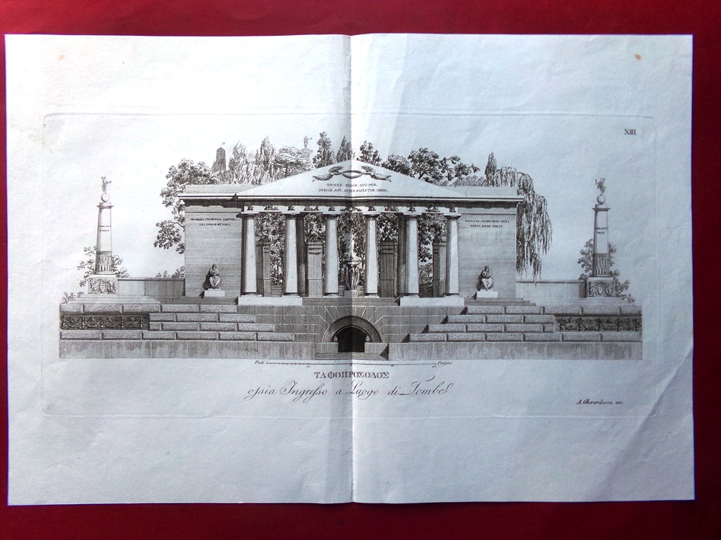 Incisione originale dell'800 Gherardesca Monumento Sepolcrale Architettura Tombe