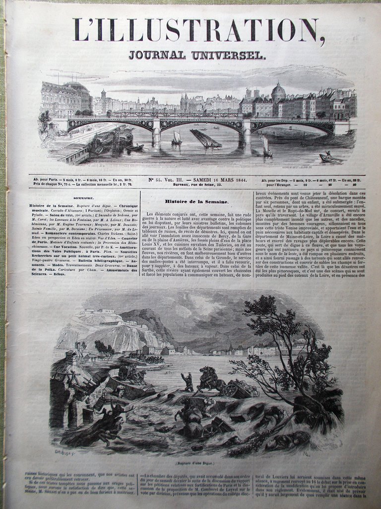 L'Illustration Journal Universel 16 Mars 1844 Rupture Digue Dickens Cham …