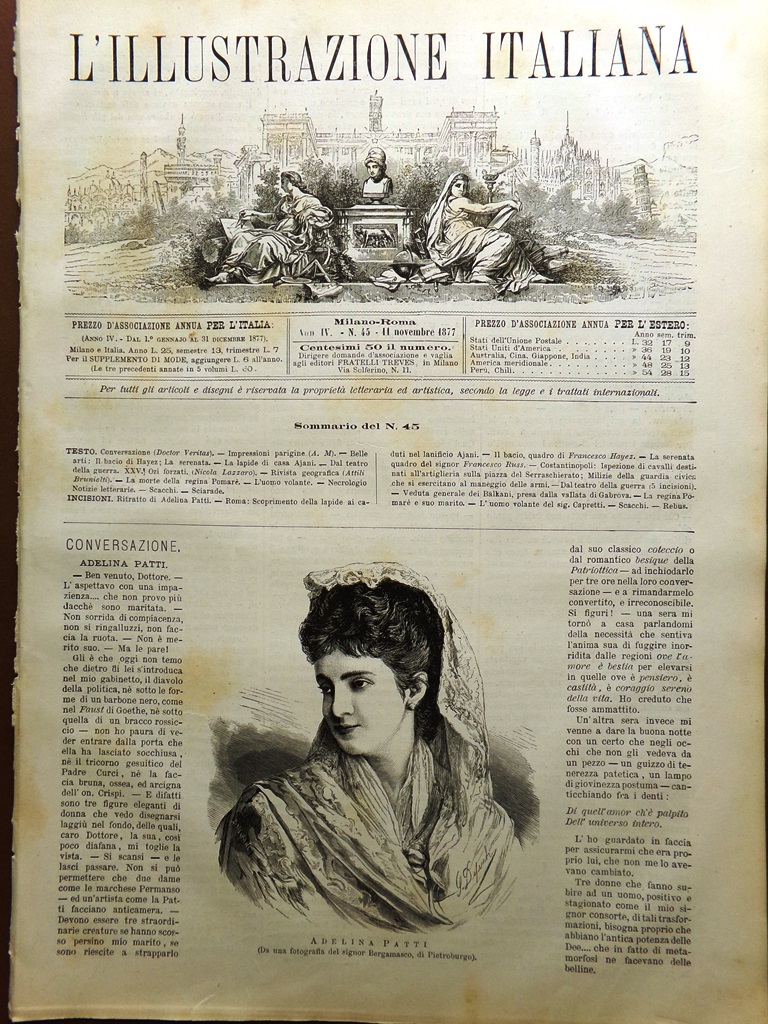 L'Illustrazione Italiana 11 Novembre 1877 Adelina Patti Pomare IV Lapide …