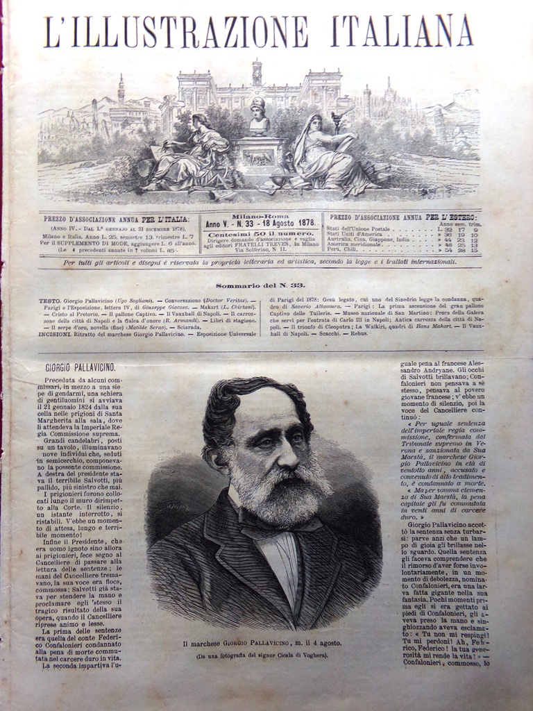 L'Illustrazione Italiana 18 Agosto 1878 Pallavicino Pallone Parigi Makart Napoli