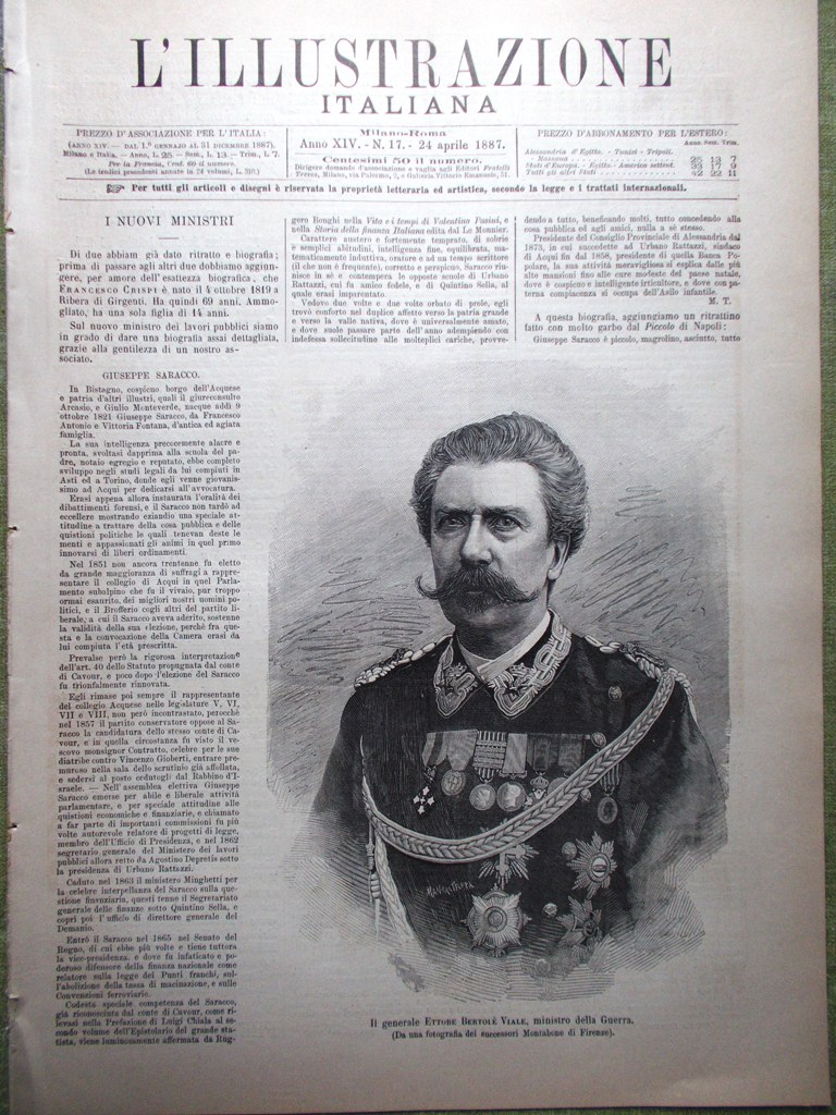 L'illustrazione Italiana 24 Aprile 1887 Bertolè Saracco Ricasoli Panificazione