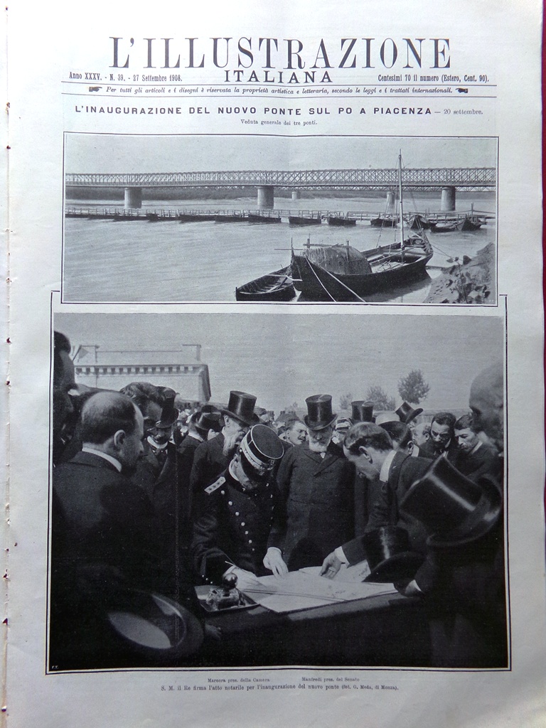 L'illustrazione Italiana 27 Settembre 1908 Piacenza Ponte Po De Sarasate …
