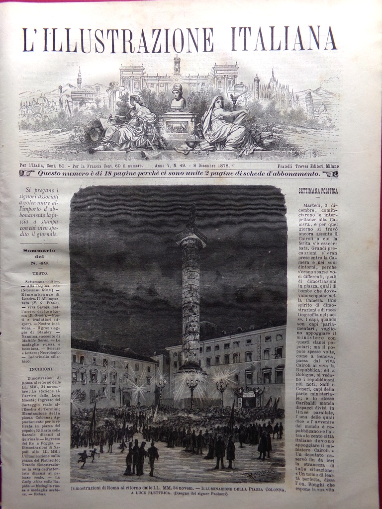 L'Illustrazione Italiana 8 Dicembre 1878 Dimostrazioni Roma Napoli Stanley Poeti