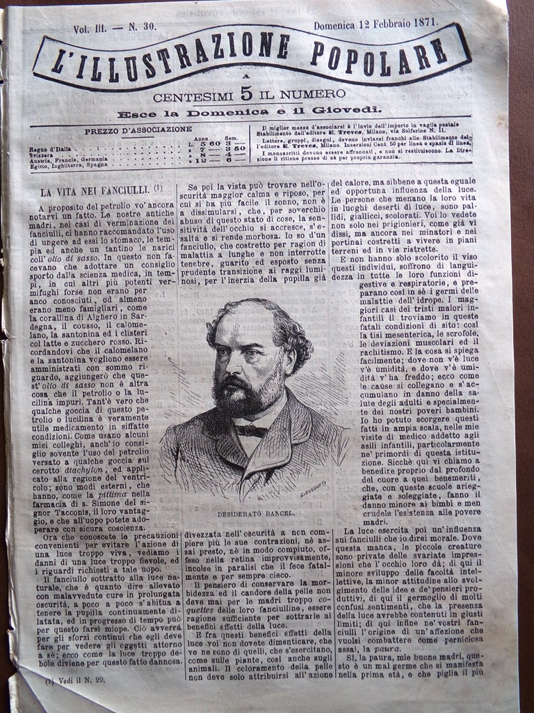 L'illustrazione Popolare 12 Febbraio 1871 Bancel Repubblica San Marino Valeriano