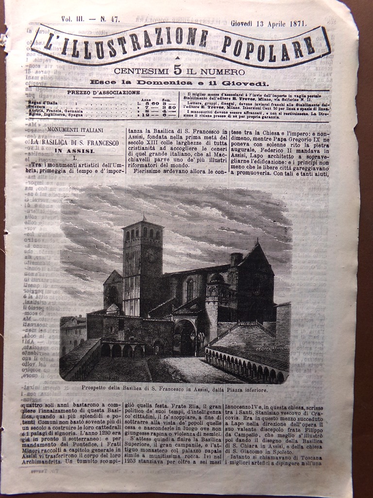 L'illustrazione Popolare 13 Aprile 1871 San Francesco Assisi Pergolese Legouvé