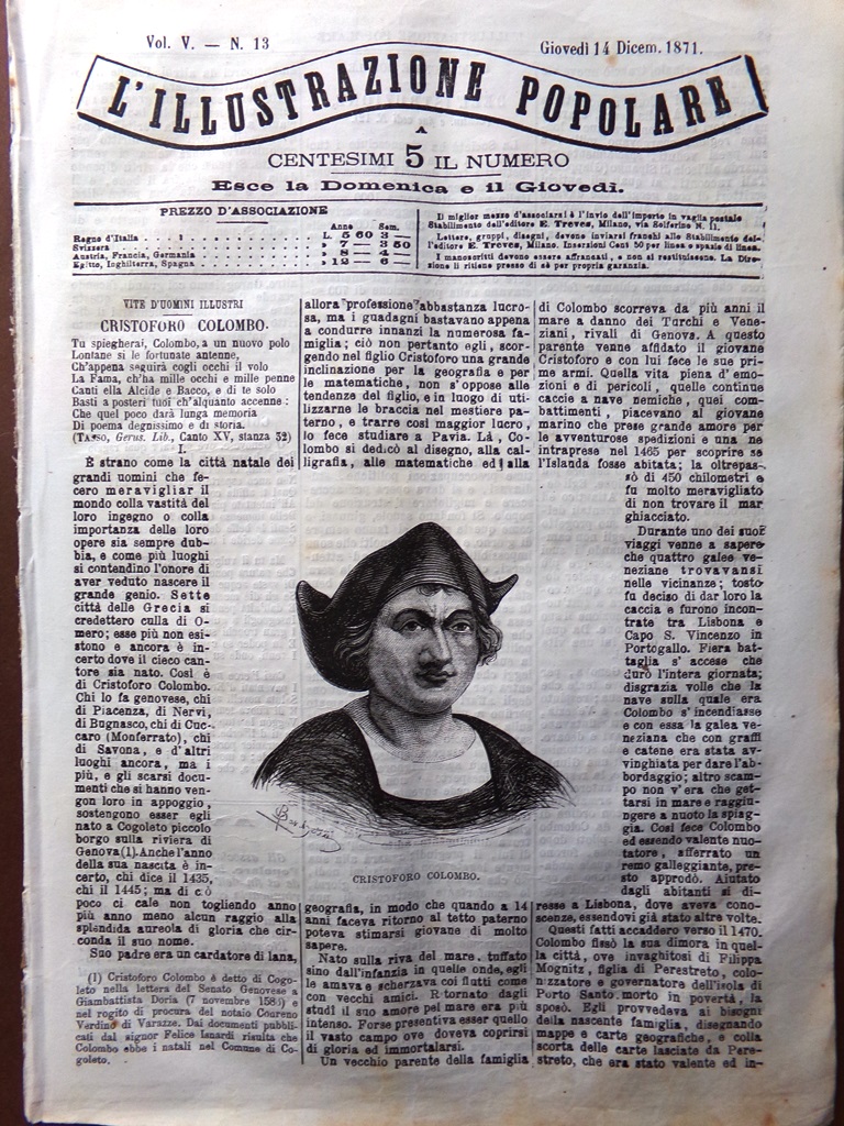 L'Illustrazione Popolare 14 Dicembre 1871 Cristoforo Colombo Norimberga Strenne