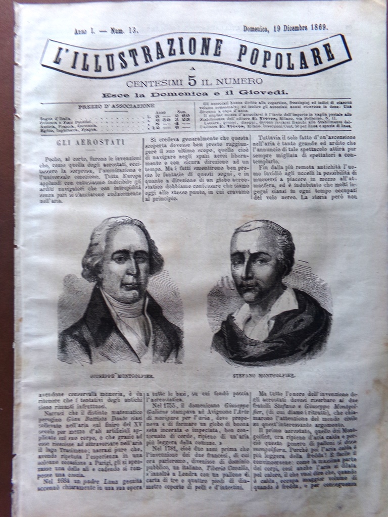 L'illustrazione Popolare 19 Dicembre 1869 Fratelli Montgolfier Scavi Foro Pompei