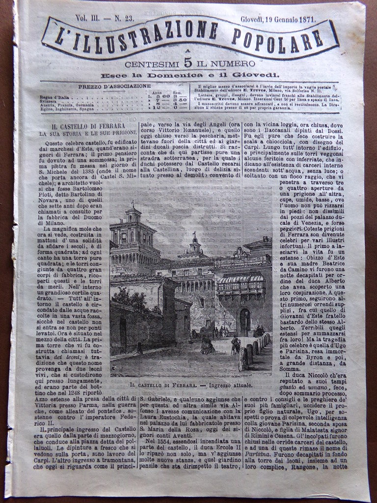 L'illustrazione Popolare 19 Gennaio 1871 Castello Ferrara Delegazione Spagnola