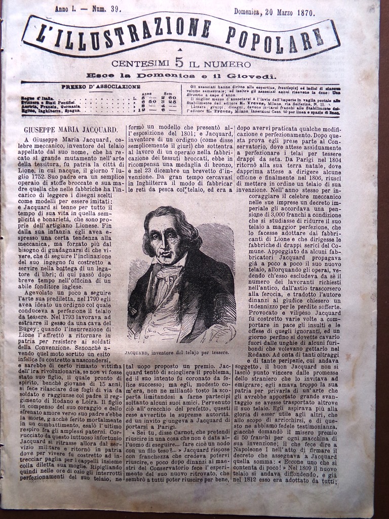 L'illustrazione Popolare 20 Marzo 1870 Jacquard Telaio Koenigstein Moti Parigi