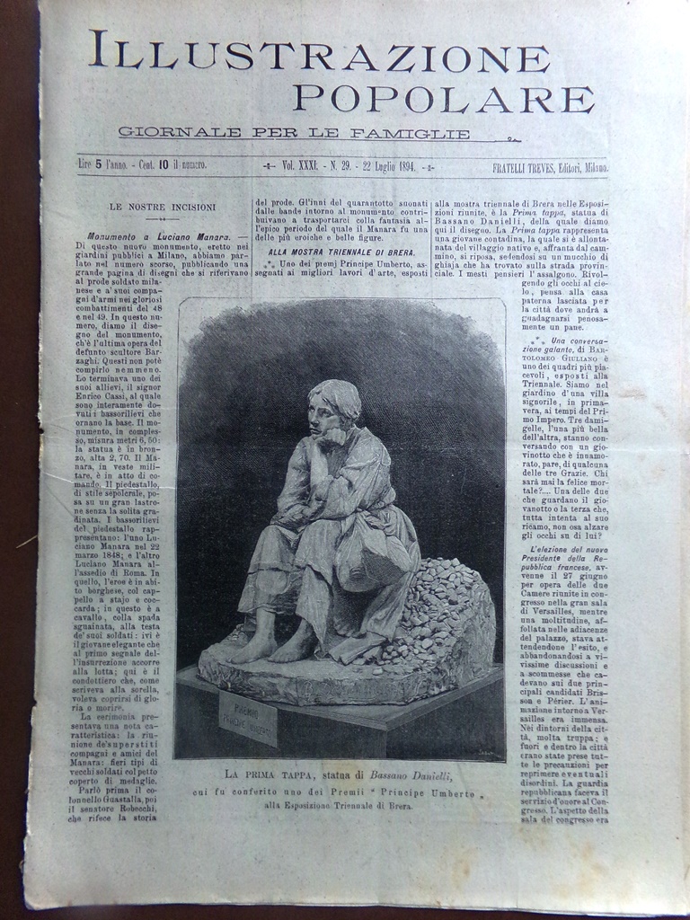 L'Illustrazione Popolare 22 Luglio 1894 Monumento Manara Montello Bagni Tirreno