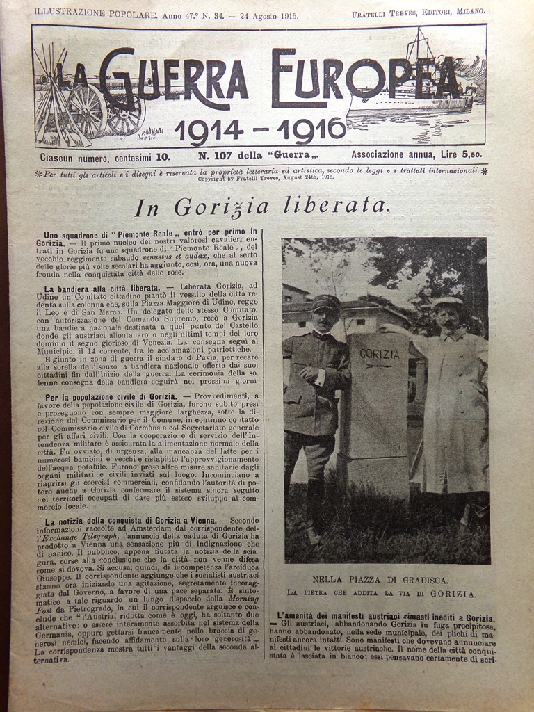 L'Illustrazione Popolare 24 Agosto 1916 WW1 Liberazione Gorizia Mitragliatrici