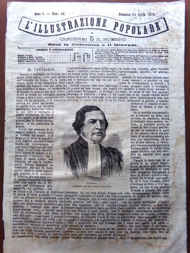 L'illustrazione Popolare 24 Aprile 1870 Assedio di Tortona Ventaglio Previdenza