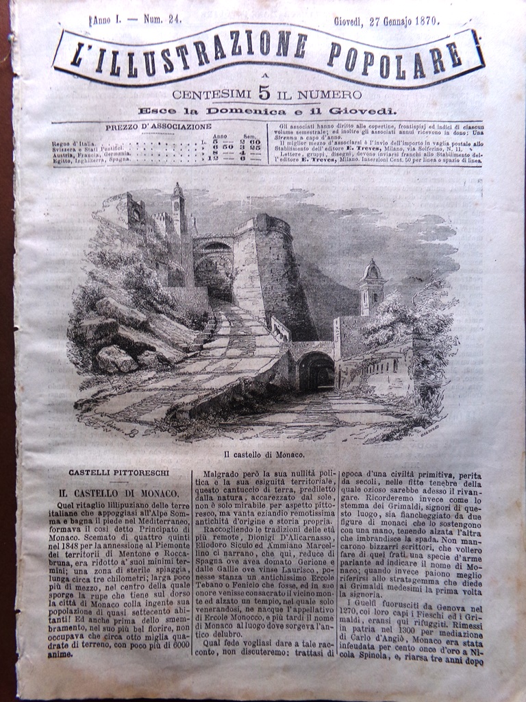 L'illustrazione Popolare 27 Gennaio 1870 Castello di Monaco Scimmie Brasile …