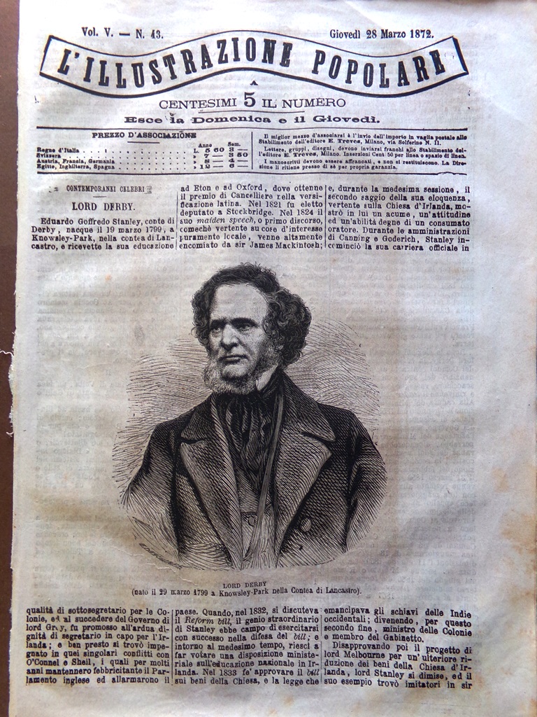 L'Illustrazione Popolare 28 Marzo 1872 Edward Stanley Alessandro Volta Telegrafo