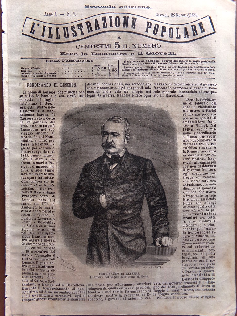 L'illustrazione Popolare 28 Novembre 1869 Ferdinand Lesseps Canale Suez Venezia