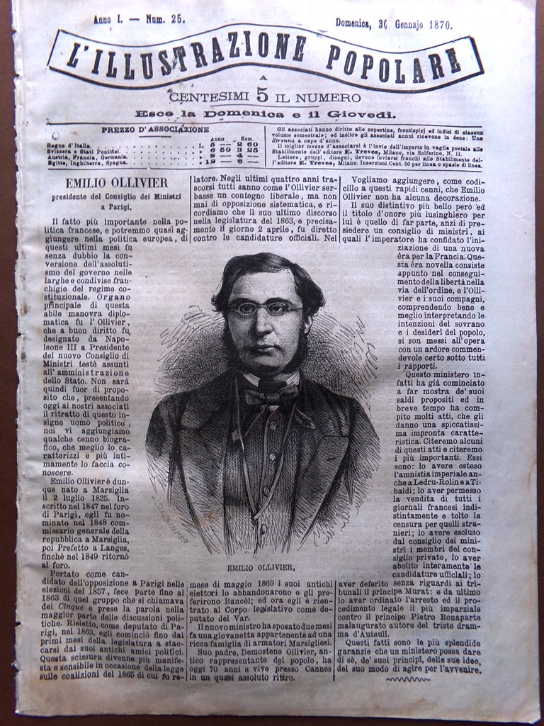 L'illustrazione Popolare 30 Gennaio 1870 Ollivier Concilio Roma Debiti Spertini