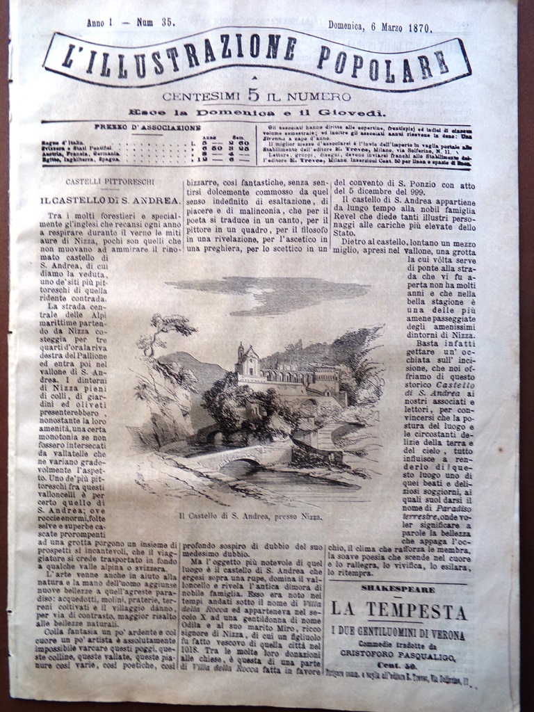 L'illustrazione Popolare 6 Marzo 1870 Castello di San Andrea Nizza …