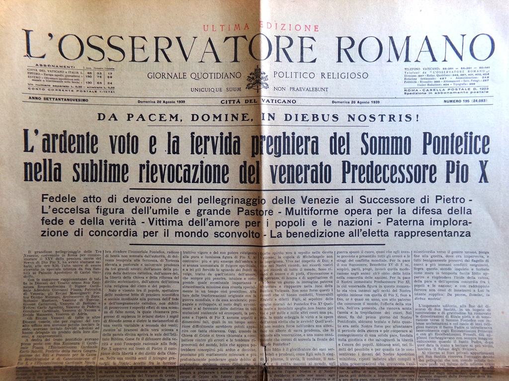 L'Osservatore Romano del 20 Agosto 1939 Polonia Stampa Tedesca Pontefice …