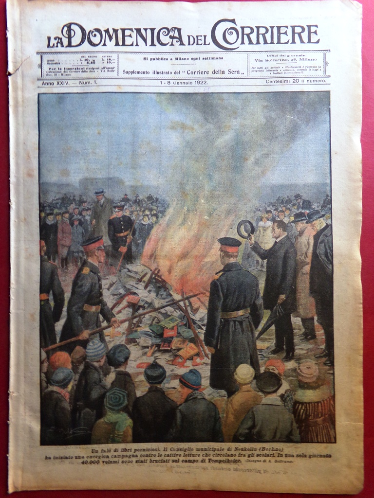 La Domenica del Corriere 1 Gennaio 1922 Libri Bruciati in …