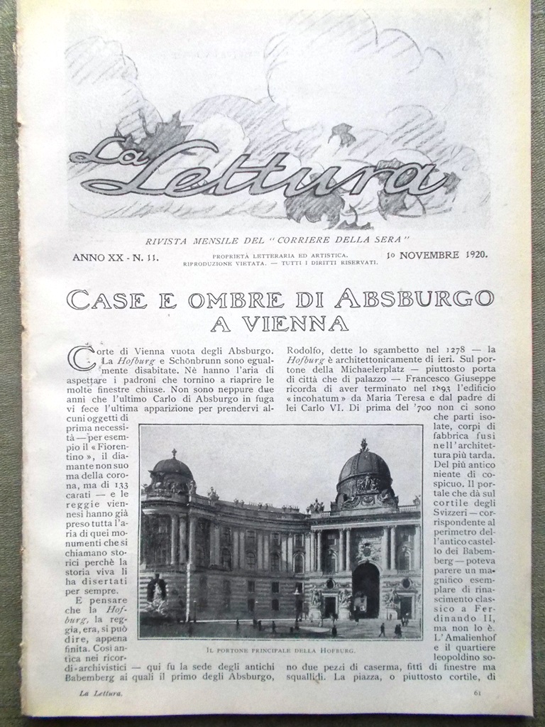 La Lettura del Novembre 1920 Absburgo Gambetta Toscanini Mosca Panizzi …