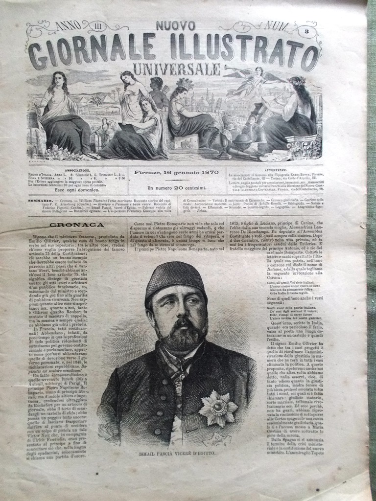 Nuovo Giornale Illustrato Universale 16 Gennaio 1870 Palermo Monte Ismail …