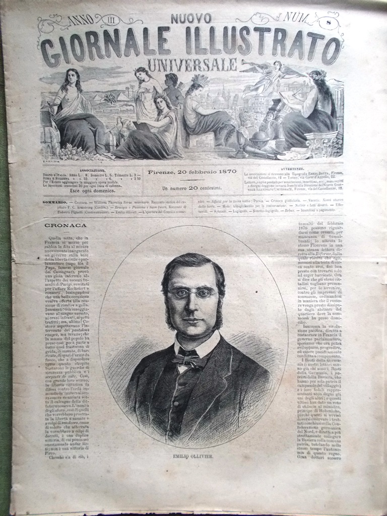 Nuovo Giornale Illustrato Universale 20 Febbraio 1870 Ollivier Birra Ecumenico