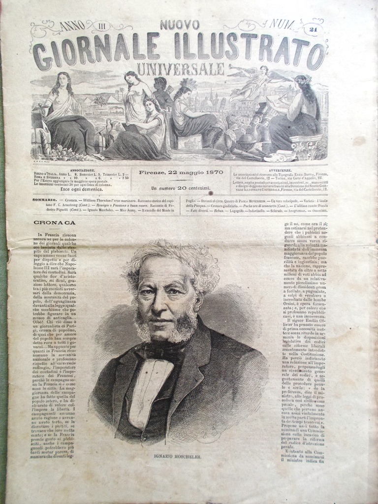 Nuovo Giornale Illustrato Universale 22 Maggio 1870 Morte Moscheles Lucera …